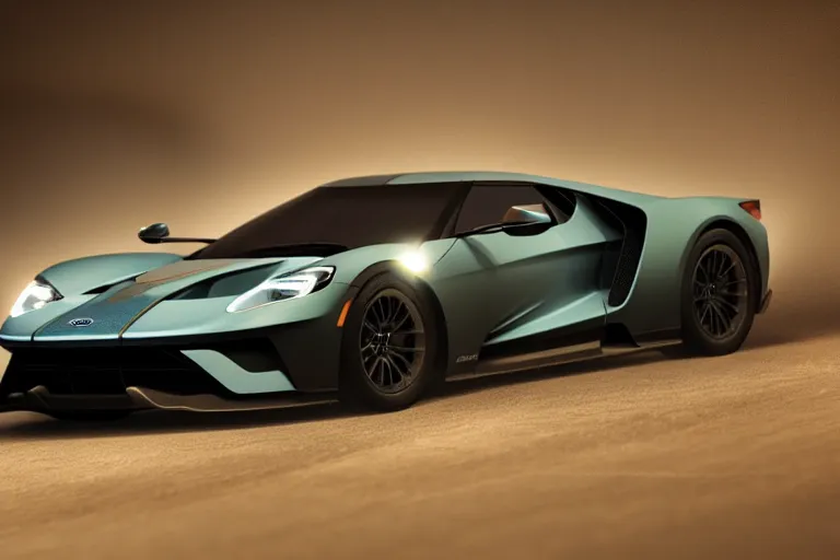 Image similar to Ford Explorer 2022. Ford GT Le Mans car sedan coupe 2 door racing on dimly lit track overcast skies raining headlights illuminating track, volumetric lighting cinematic vray photo muted colors dark cinematic. front side view uncropped centered. artstation trending dramatic harsh lighting low exposure