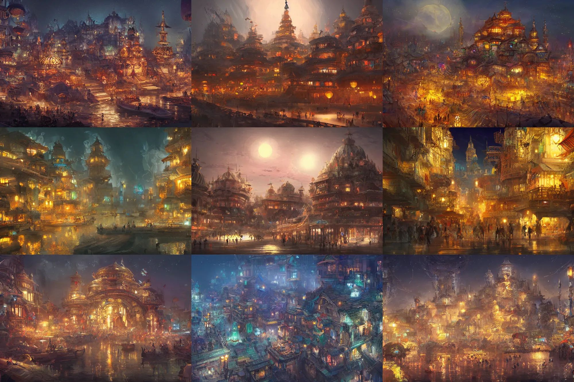 Prompt: Amagical eastern civilization at night, built around ocean, full with people, a lot of lights, multi layered huge architectures. Trending on artstation