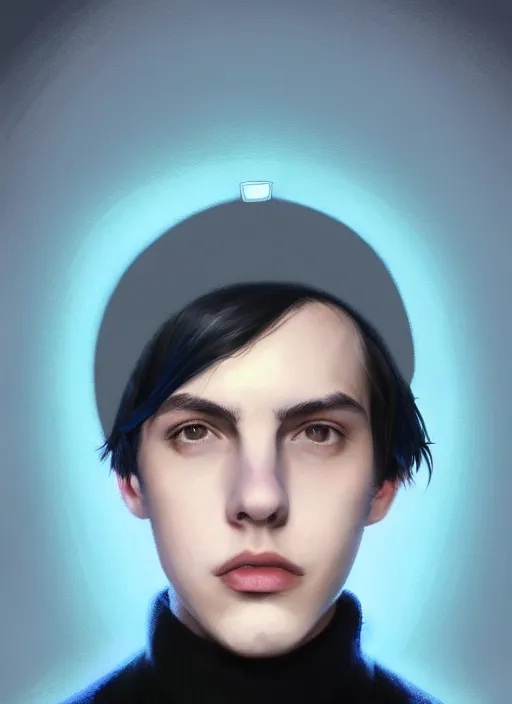 Image similar to portrait of teenage jughead jones wearing a light grey crown, crown, blue turtleneck, closed eyes, photorealistic, black hair, glowing lighting, intricate, elegant, glowing lights, highly detailed, digital painting, artstation, concept art, smooth, sharp focus, illustration, art by wlop, mars ravelo and greg rutkowski