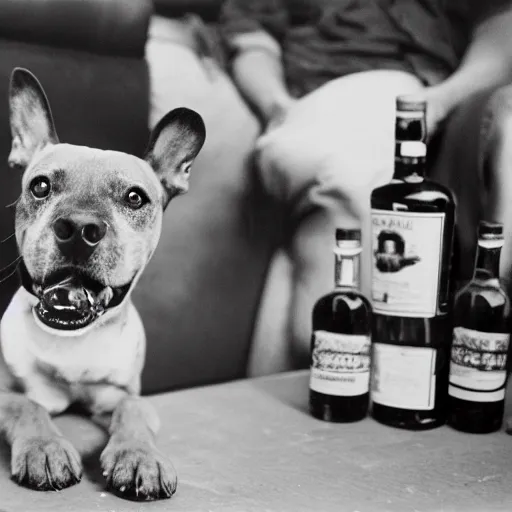 Prompt: photo of a drunk dog with a bottle of whisky, file photo, united press international