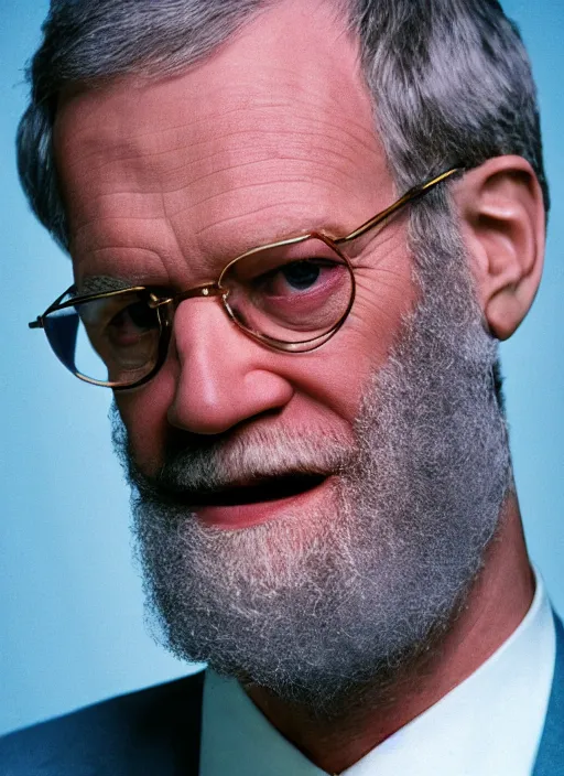 Image similar to platon closeup photograph of david letterman in a purple suit, photorealistic, studio lighting, ektachrome, detailed, intricate, face detail