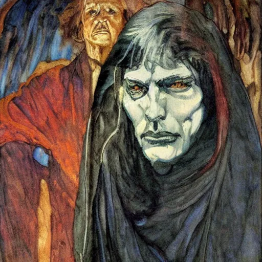 Prompt: comics sandmanin a cloak by Neil Gaiman, in style The Demon Seated, by Mikhail Vrubel, oil painting, art gallery, art museum, small details, whole-length, hyperrealism, black cloak, very detailed face, very detailed torso, The Demon Downcast
