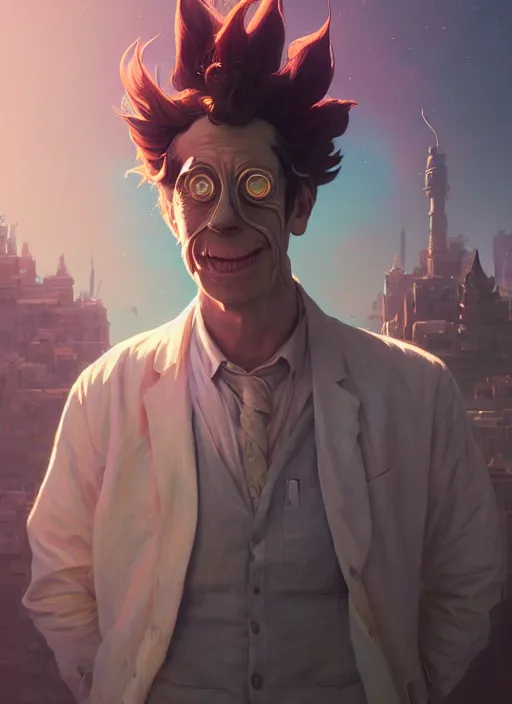 Image similar to highly detailed surreal vfx portrait of a rick sanchez, stephen bliss, unreal engine, greg rutkowski, loish, rhads, beeple, makoto shinkai and lois van baarle, ilya kuvshinov, rossdraws, tom bagshaw, alphonse mucha, global illumination, detailed and intricate environment