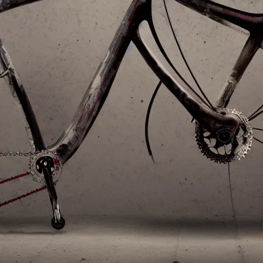 Prompt: fixed gear bike made of flesh and bones, scream and fear, body-horror, high detail, photorealism, full length view, insanely intricate details, octane render, 16k, 8k