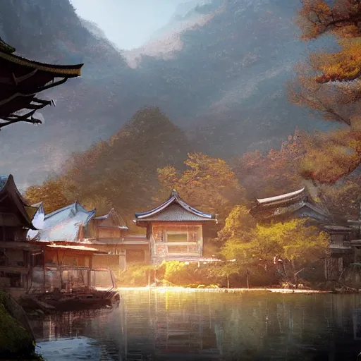 Prompt: photo the last us part 2 small japanese lakeside town : 5 4 k rtx hdr volume light concept studio matte painting environment digital illustration fanart artstation by eytan zana and balazs agoston, jad saber, aaron limonick, pablo dominguez and florent lebrun and robby johnson