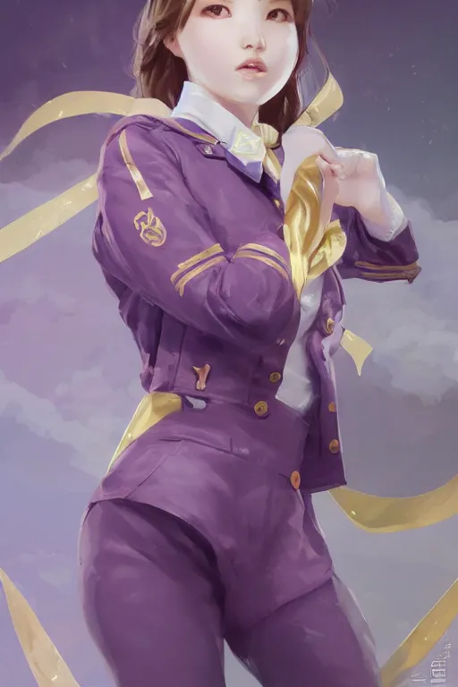 Image similar to Full View of Eunha from Viviz and gFriend with short hair wearing a purple military uniform and short puffy pants, white leggings, Golden Ribbon, and a billowy scarf. Rhythmic gymnastics poses, goddess. masterpiece 4k digital illustration by Ruan Jia and Mandy Jurgens and Artgerm and greg rutkowski, award winning, Artstation, art nouveau aesthetic, Alphonse Mucha background, intricate details, realistic, panoramic view, Hyperdetailed, 8k resolution, intricate art nouveau