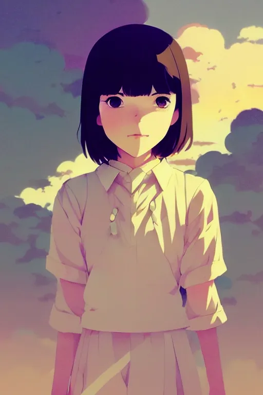 Image similar to portrait of a smiling girl by ilya kuvshinov, cloudy sky background lush landscape ln illustration concept art anime key visual trending pixiv by victo ngai fanbox by greg rutkowski makoto shinkai takashi takeuchi studio ghibli