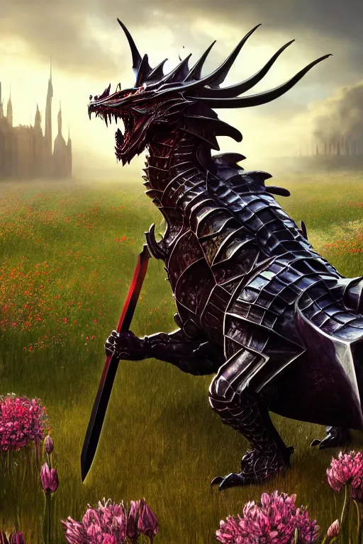 Image similar to hyperrealistic neo - gothic cinematic armored dragon holding sword in a field of flowers, highly detailed video game concept art masterpiece, vitaly bulgarov dramatic low light, ground angle uhd 8 k, sharp focus