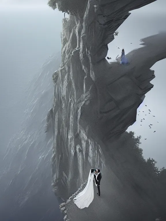 Prompt: bride and groom, high symmetry, intimacy, realism, intricate abstract, elegant, looking down a cliff, short perspective, neutral colors, dark lighting, by artstation, by greg rutkowski