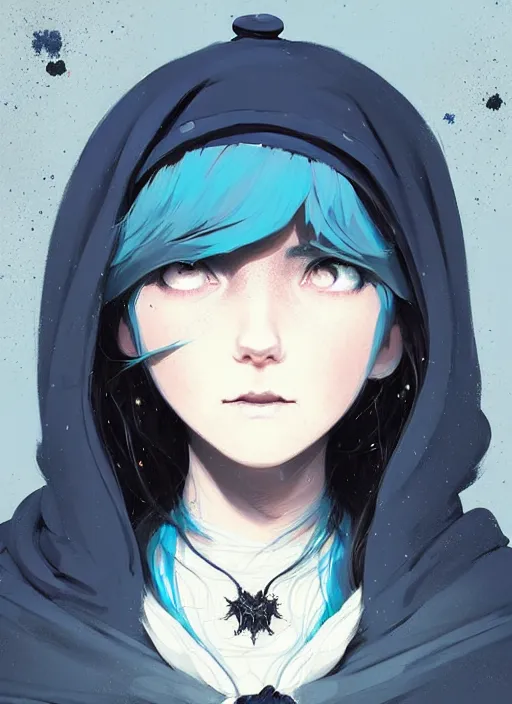 Prompt: highly detailed closeup portrait of a witch young lady student, ( blue witch hat ), black hoodie, blue hair by atey ghailan, by greg rutkowski, by greg tocchini, by james gilleard, by joe fenton, by kaethe butcher, gradient, blue, black, brown and cream color scheme, grunge aesthetic!!! white graffiti tag wall background