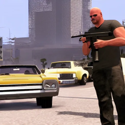 Prompt: Stone Cold Steve Austin in grand theft auto shooting an Uzi high detail