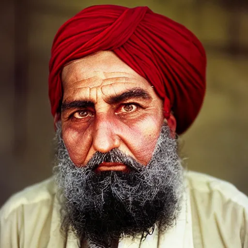 Image similar to portrait of president millard fillmore as afghan man, green eyes and red turban looking intently, photograph by steve mccurry