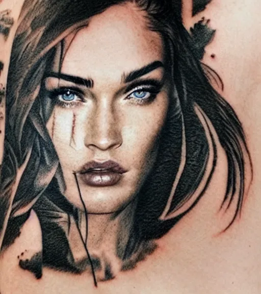 Image similar to realism tattoo sketch of a megan fox face in a double exposure effect with mountain scenery, in the style of matteo pasqualin, amazing detail, sharp