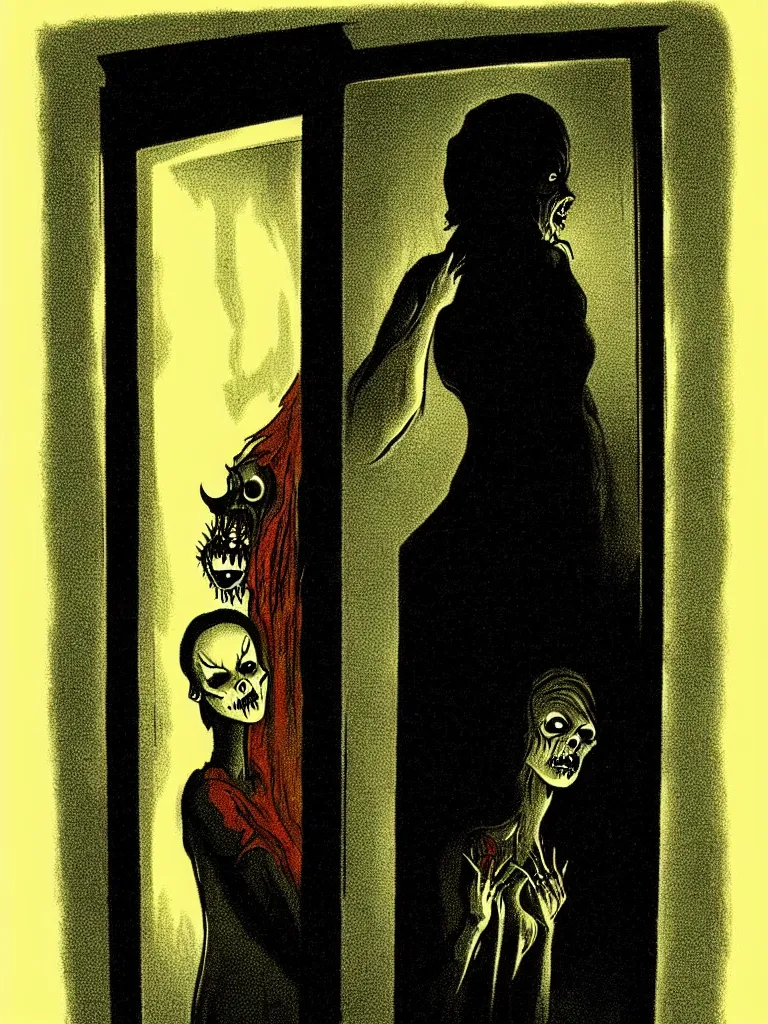 Image similar to Full Color Vintage Horror Illustration of a Woman Scared Looking in Door at Creature at night. Glowing , Spooky lighting , Pinterest