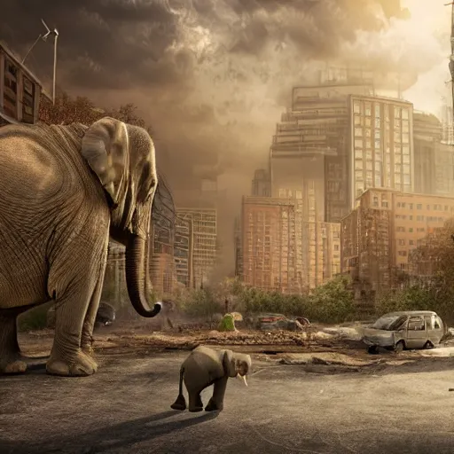 Prompt: apocalyptic city with baby elephants, photorealistic render