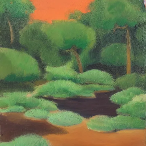 Prompt: a green oasis around a small pool of water in an orange barren desert ,oil painting