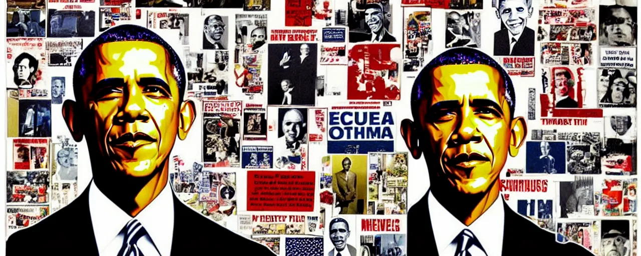 Prompt: a collage poster of obama designed by mike mcquade