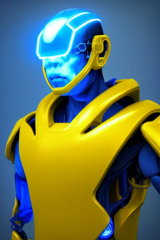 Image similar to hyperrealistic close-up blue glow exoskeleton!! sad chinese man covered highly detailed concept art eric zener elson peter cinematic side soft yellow light high angle hd 8k sharp shallow depth of field