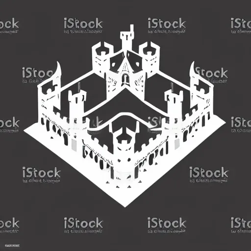 Image similar to glowforge template, black on white background, flat 2 d vector art, 2 d low polygon art, custom modern castle, symmetric art, vector line art, polygon