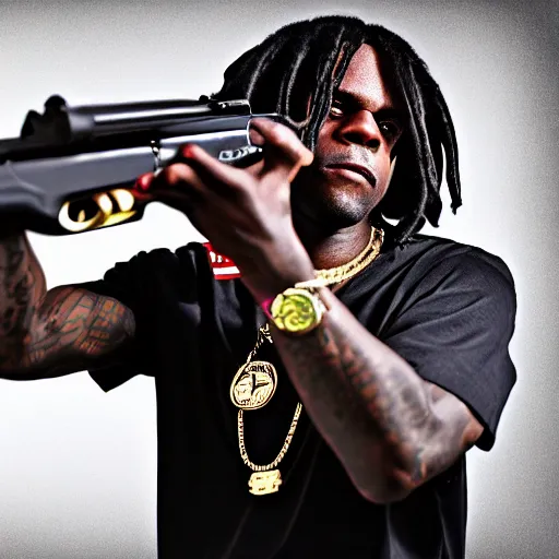 Image similar to Rapper Chief Keef holding a gun 4K quality super realistic digital art