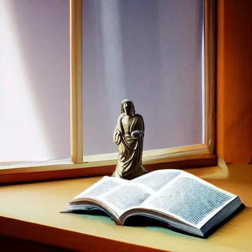 Image similar to wide angle photo, cozy room with window light, mirror and statuette of hotei and open book with jesus picture on a table, hyperrealism, light color, no hard shadow, pastel colours, polaroid photo