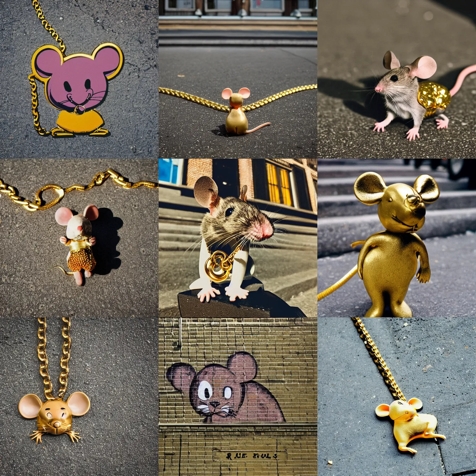 Prompt: 90s rap album cover of a mouse in a gold chain, low angle, brooklyn streets