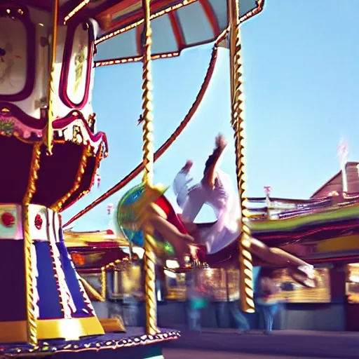 Image similar to A really excited old man riding a merry-go-round carousel at an amusement park, hyperrealism, wide shot