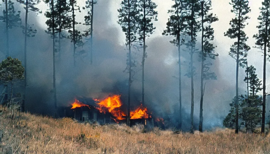 Image similar to 1 9 7 0 s movie still of a burning house on a mountain with pine forest, cinestill 8 0 0 t 3 5 mm, high quality, heavy grain, high detail, texture, dramatic light, ultra wide lens, panoramic anamorphic, hyperrealistic