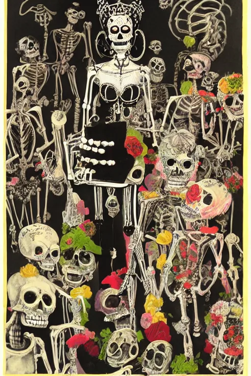 Image similar to scene from wedding, day of the dead, cyber skeletons, queen in black silk in the center, neon painting by otto dix