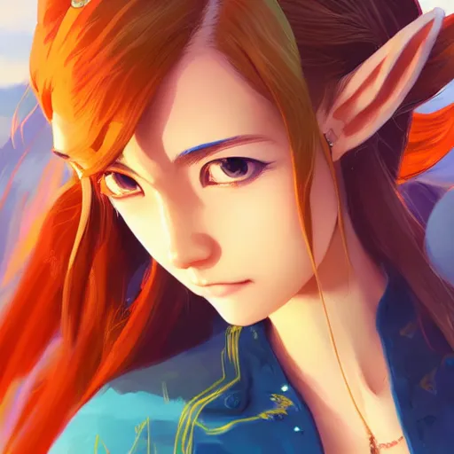 Image similar to portrait of botw zelda, art by ilya kuvshinov makoto shinkai artgerm wlop, intricate, highly detailed, digital painting, art station, concept art, smooth, sharp focus, illustration, advanced digital anime art, atmospheric lighting, detailed face