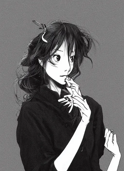 Prompt: portrait of a beautiful girl smoking a cigarette, by takehiko inoue and kim jung gi and hiroya oku, masterpiece illustration, ultrarealistic, perfect hands,