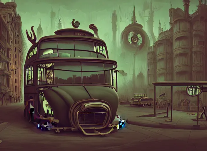 Prompt: matte sharp painting, a steampunk bus, juxtapoz, artforum, gary baseman, preston blair, tex avery, dan mumford, pedro correa