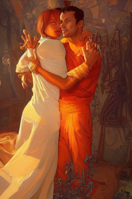 Image similar to portrait of tinfoil hat man in orange t - shirt hugging from behind his wife in a bed, feelings, romantic, fantasy, intricate, elegant, highly detailed, digital painting, artstation, concept art, smooth, sharp focus, illustration, art by artgerm and greg rutkowski and alphonse mucha