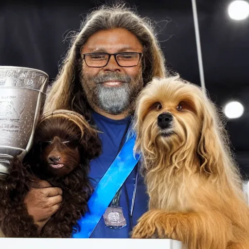 Prompt: chewbacca celebrating on the winner's podium at a dog show, he is holding a trophy, the runners up are a poodle and a daschund