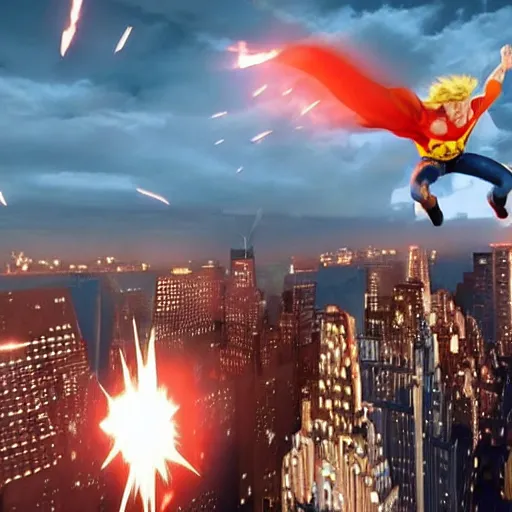 Prompt: photo realistic super sayan trump flying in the sky and prepare a kamehameha above new york city. high details, intricate, unreal engine 5.