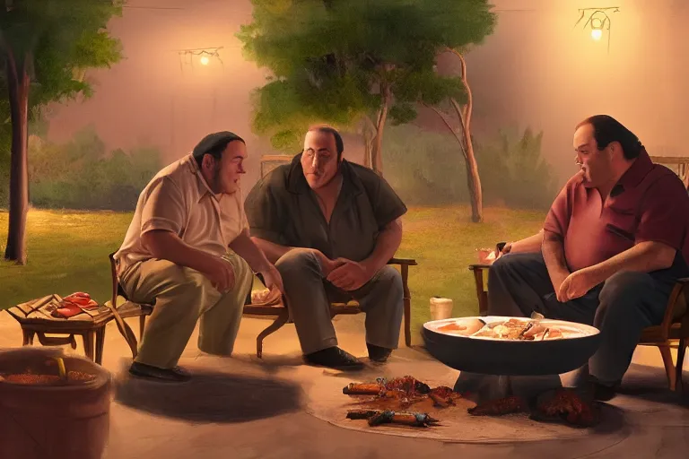 Image similar to Tony Soprano and Lalo Salamanca chat and barbecue in the evening in the backyard, highly detailed, cinematic concept art, dramatic lighting