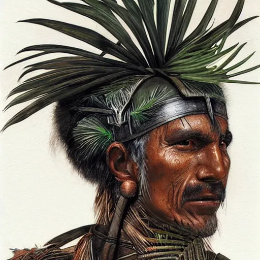 Image similar to a male tupi guarani warrior portrait, tropical plants covering the top part of his face, art by marco mazzoni, dark background, asymmetrical