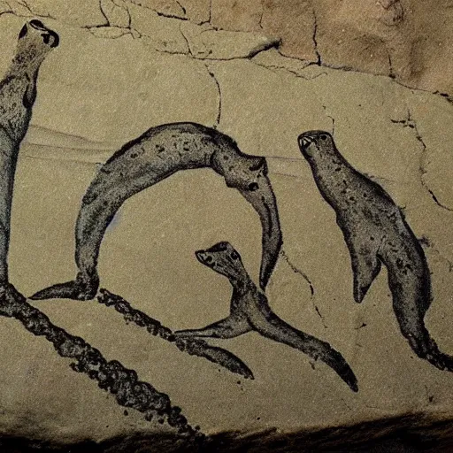 Image similar to three baby seals, Neanderthal cave painting