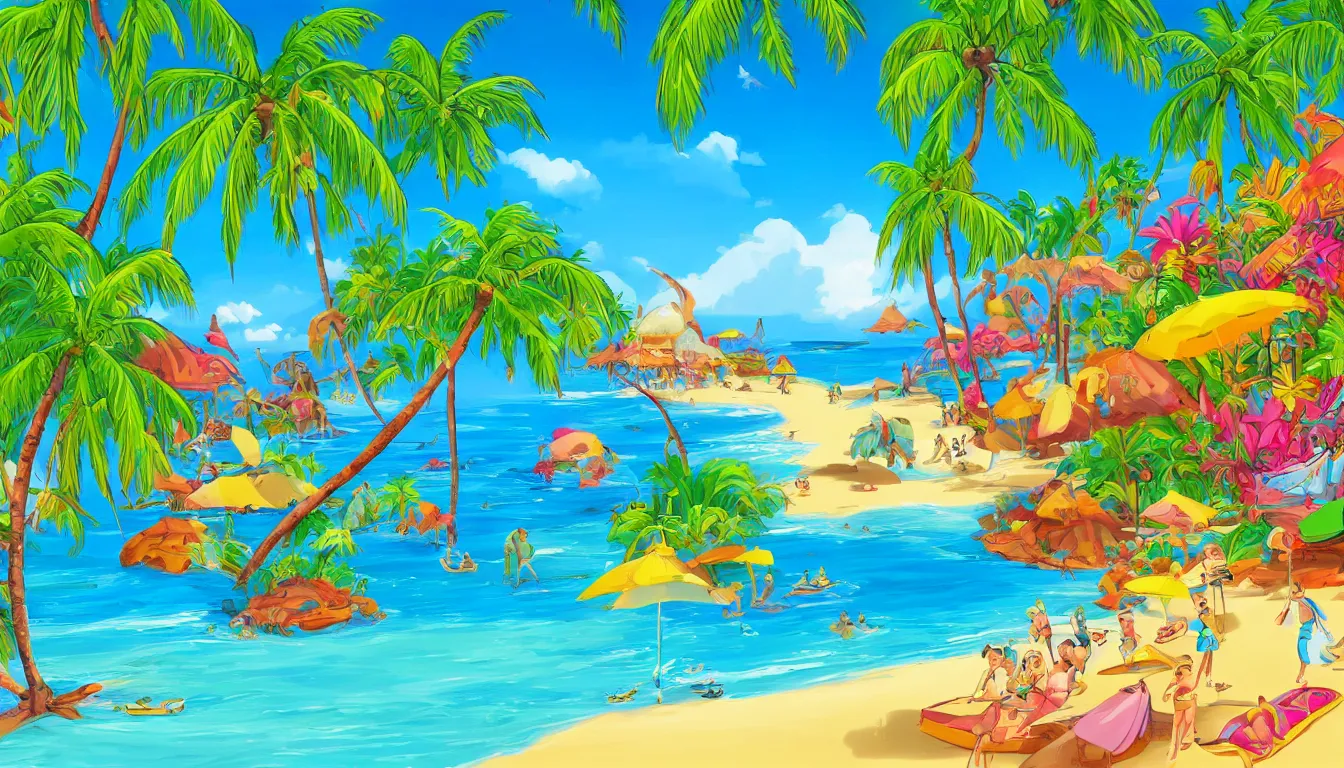 Image similar to a tropical beach scene, Disney cartoon, animation, high detail, colorful