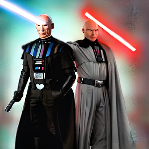 Image similar to a hyper real comic book style portait painting of captain picard and darth vader with the light sword, unreal 5, hyperrealistic, octane render, cosplay, rpg portrait, dynamic lighting