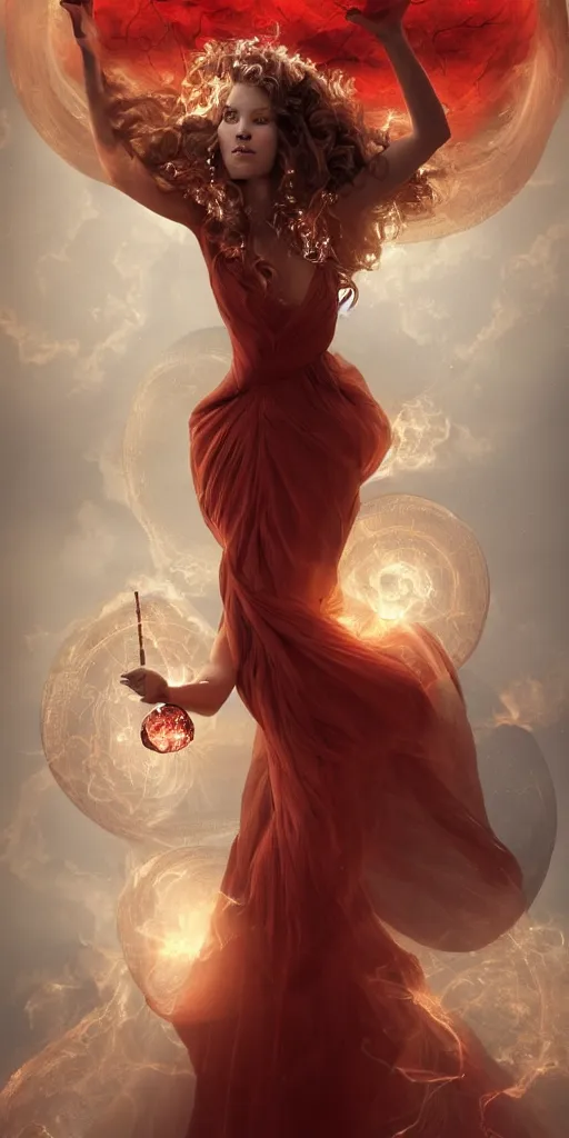 Image similar to A woman floats in midair, encircled by a ring of fire. She wears a crimson gown and her hair is wild and flowing. In her hands she holds a staff adorned with a large crystal ball, super coherent, trending on artstation, single subject, female, magic, full body portrait, by Lulu Chen and Mandy Jurgens