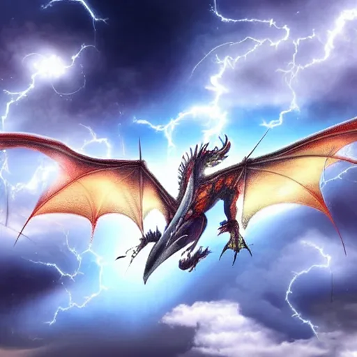 Prompt: A detailed and beautiful dragon flying surrounded by clouds and lightning in the sky with wings spread wide, 8k, hyper realistic