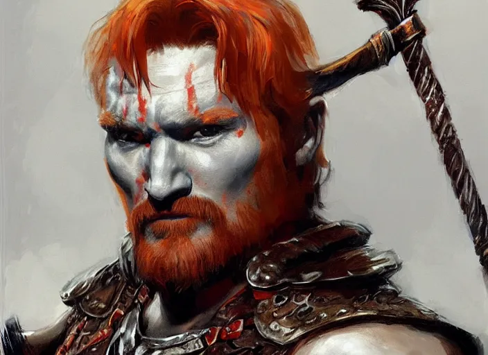 Prompt: a highly detailed beautiful portrait of conan o'brien as kratos, by gregory manchess, james gurney, james jean