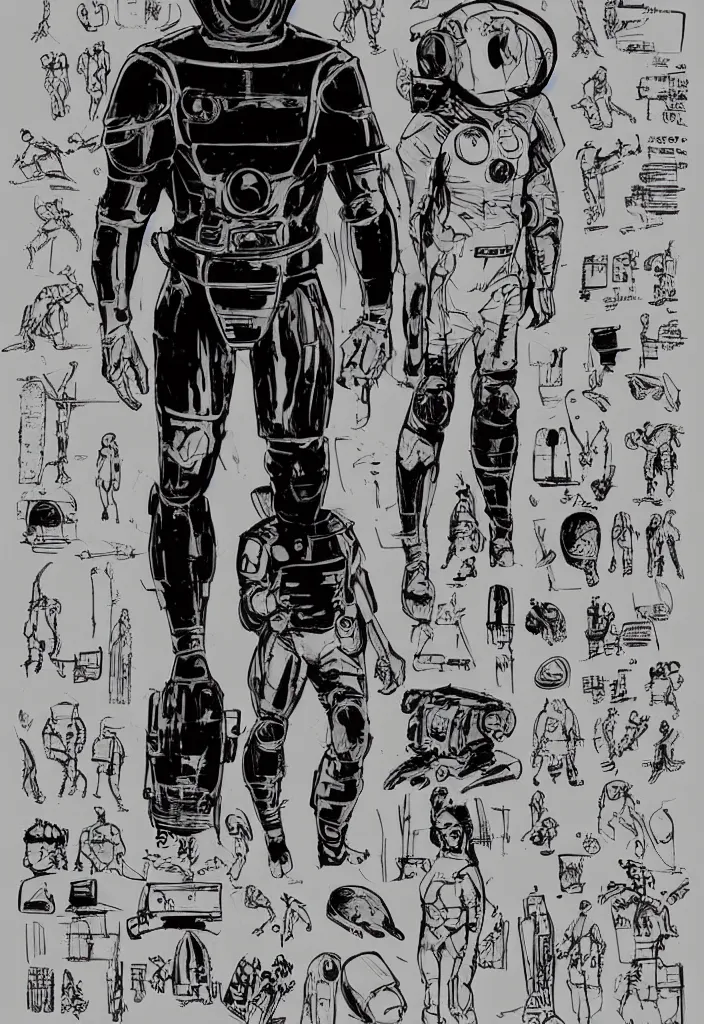 Prompt: male, heroic figure, space suit with a modern helmet, science fiction, sketch, character sheet, very stylized, upa style, digital art, illustration, pen and ink, digital painting, by mike mignola, by alex maleev