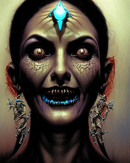 Image similar to symmetra from overwatch, character portrait, portrait, close up, concept art, intricate details, highly detailed, horror poster, horror, vintage horror art, realistic, terrifying, in the style of michael whelan, beksinski, and gustave dore