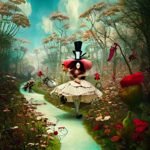 Image similar to alice in wonderland, by ray caesar and vincent callebaut and sandra chevrier and phillipe druillet, trending on artstation hq, deviantart, pinterest, 4 k uhd image