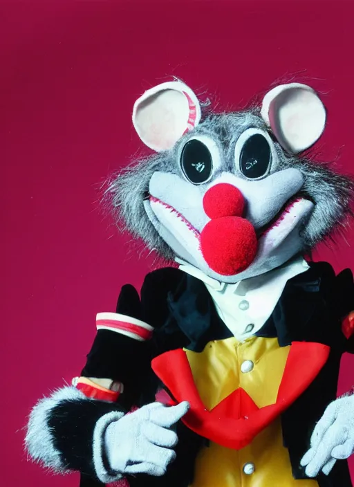 Image similar to Chuck E. Cheese mascot high quality 2013 circus portrait of an anthropomorphic rat animatronic dressed like a clown, professional portrait, Chuck E. Cheese head, authentic, mouse character, costume weird creepy, off putting, nightmare fuel, Chuck E. Cheese, abandoned building,