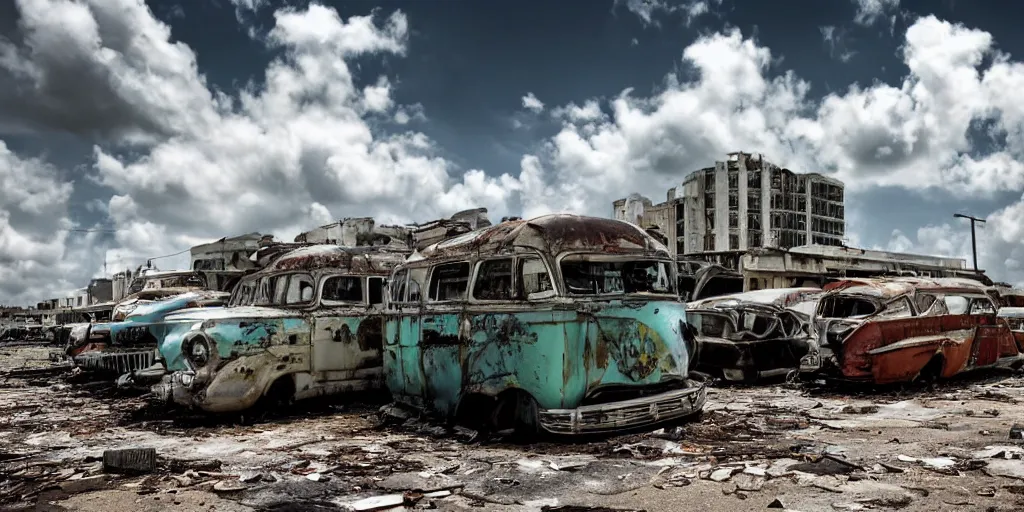 Image similar to fallout 5, photo of dilapidated miami, tropical coastal city, desolate, dilapidated, some rusted retro futuristic vintage parked vehicles like cars, buses, trucks, trams, sunny weather, few clouds, volumetric lighting, photorealistic, daytime, spring, sharp focus, ultra detailed, 4 0 0 0 k, technicolour 1