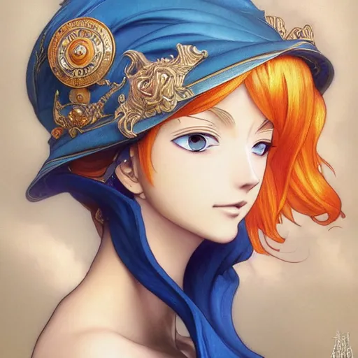 Image similar to intricately detailed vfx portrait of nami from one piece by eiichiro oda, makoto shinkai, alphonse mucha, art by artgerm and greg rutkowski, best of behance, concept art, matte, sharp focus, opulent, orange hair, elegant, adolphe bouguereau, annie leibovitz, stanley kubrick,