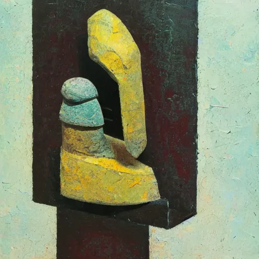 Prompt: an impasto painting by shaun tan of a forgotten abstract sculpture by the caretaker and ivan seal